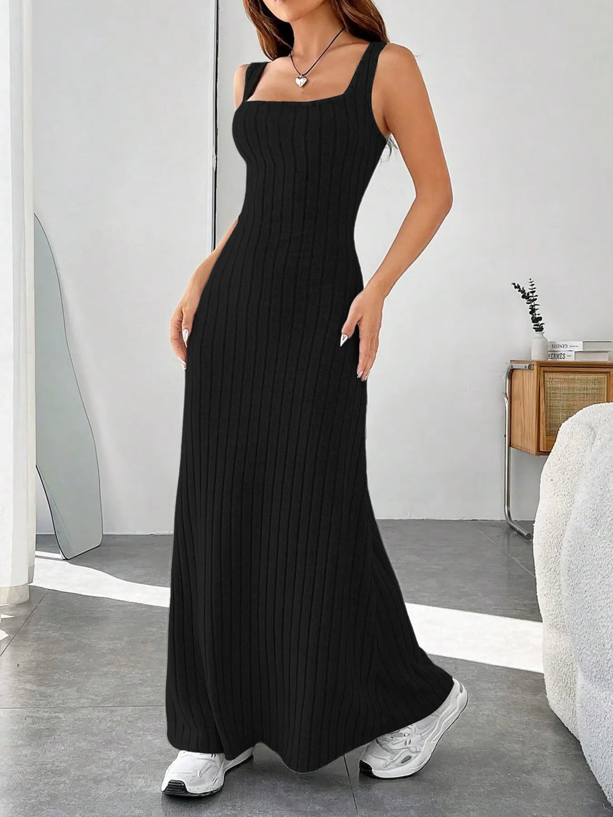 ribbed knit square neck sleeveless maxi dress side view 3