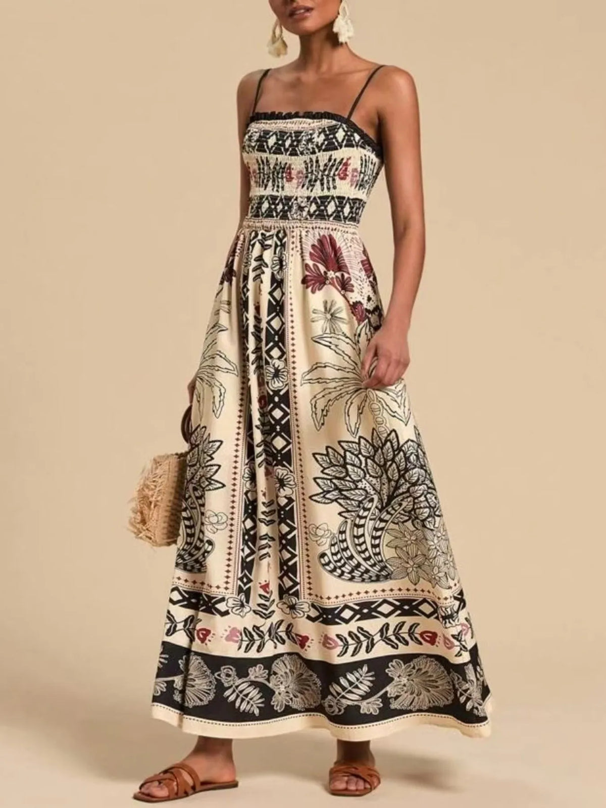red and white smocked spaghetti strap printed maxi dress fabric and print detail