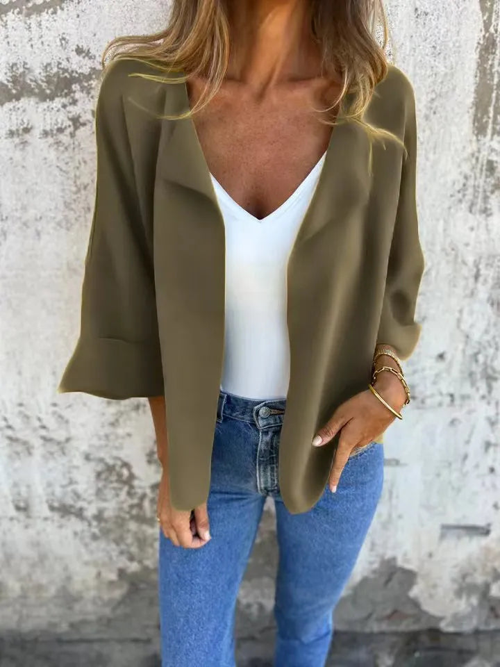 Full Size Open Front 3/4 Sleeve Cardigan Plus Size Army Green - Fashorio