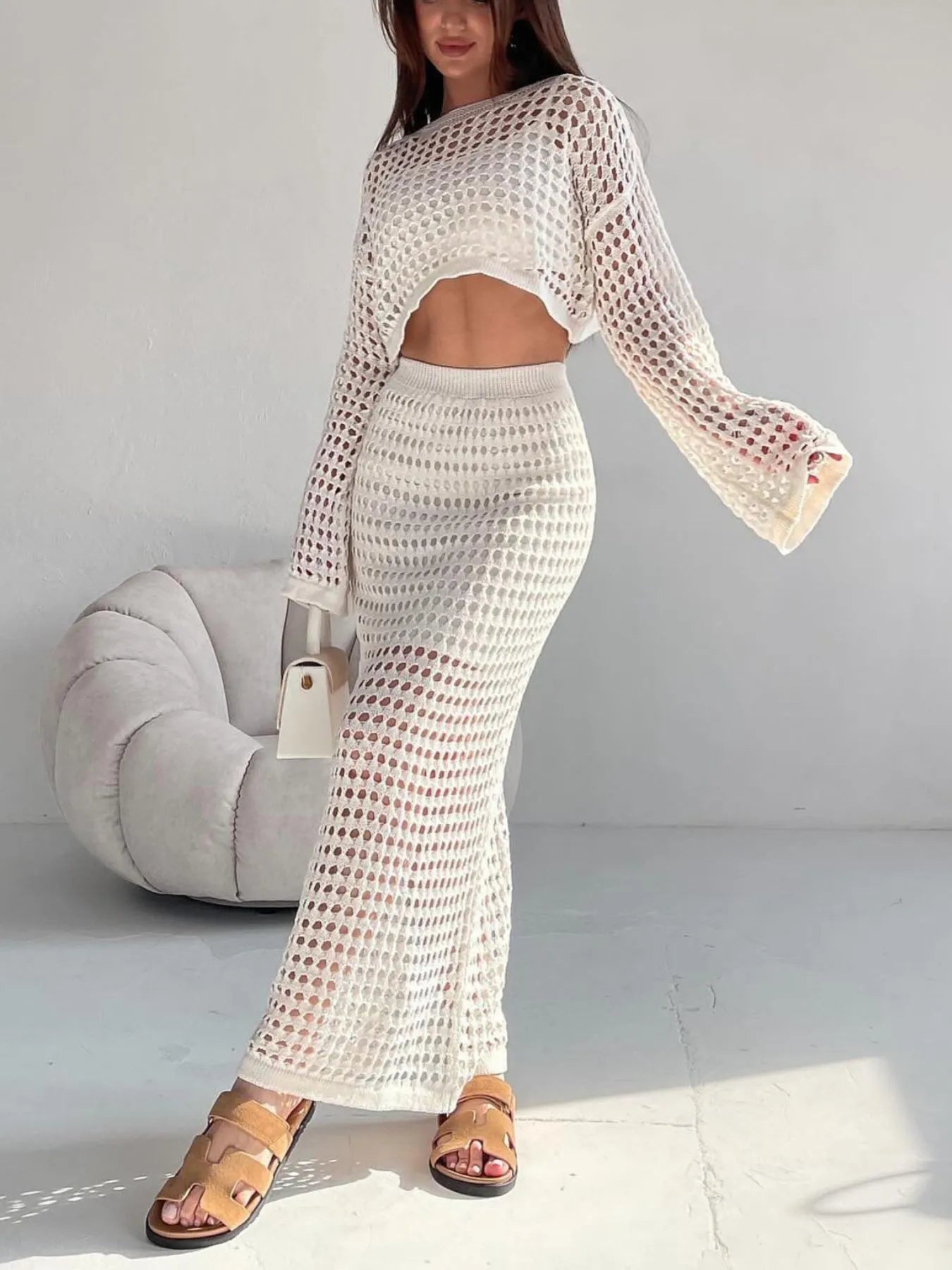 Hollow Out Long Sleeve Top and Skirt Knit Set - Fashorio