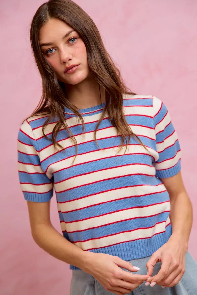 Nautical striped crew neck sweater top pose