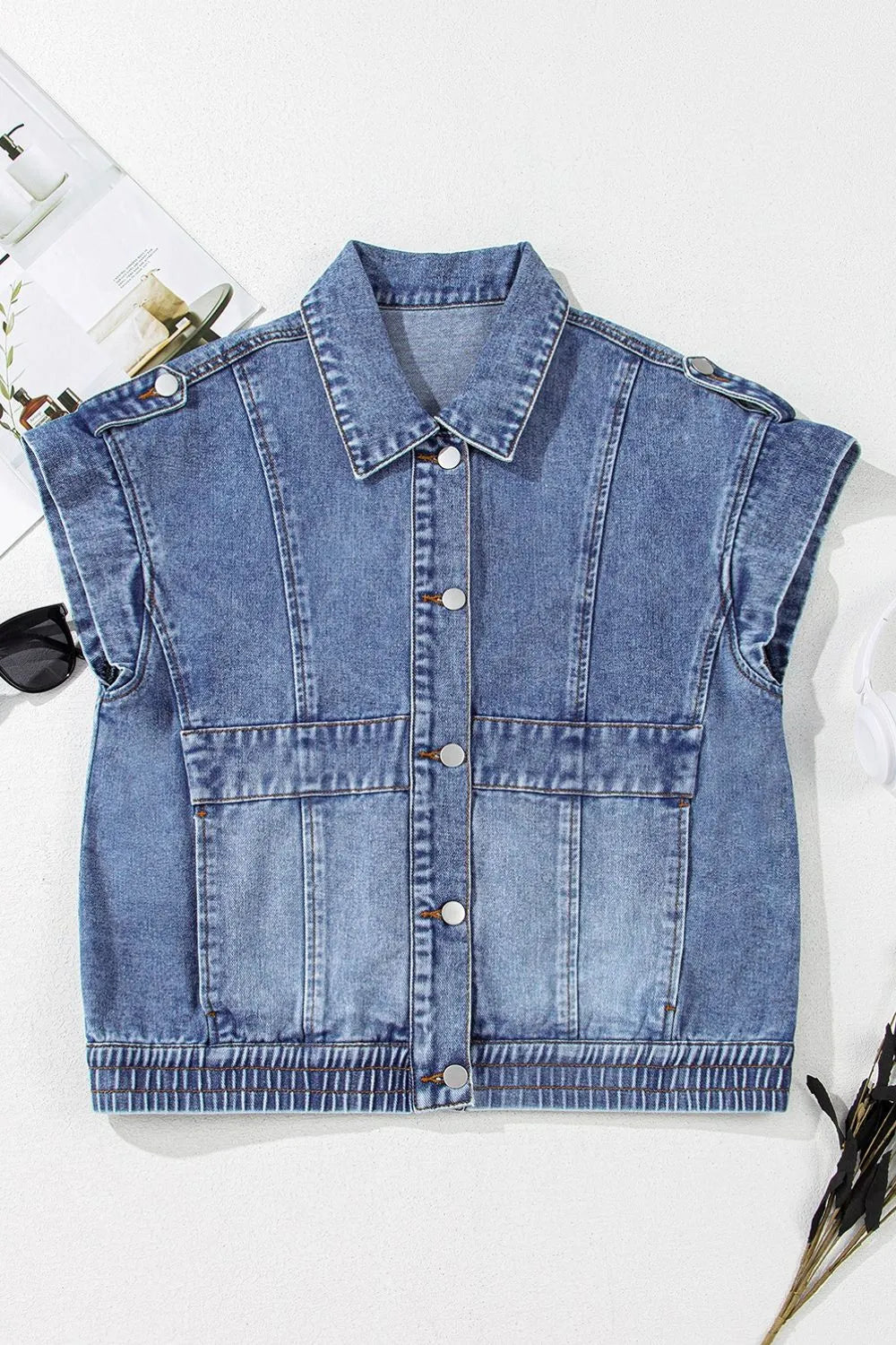 Button Up Cap Sleeve Denim Jacket - Fashorio