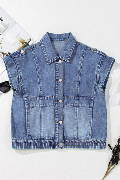 Button Up Cap Sleeve Denim Jacket - Fashorio