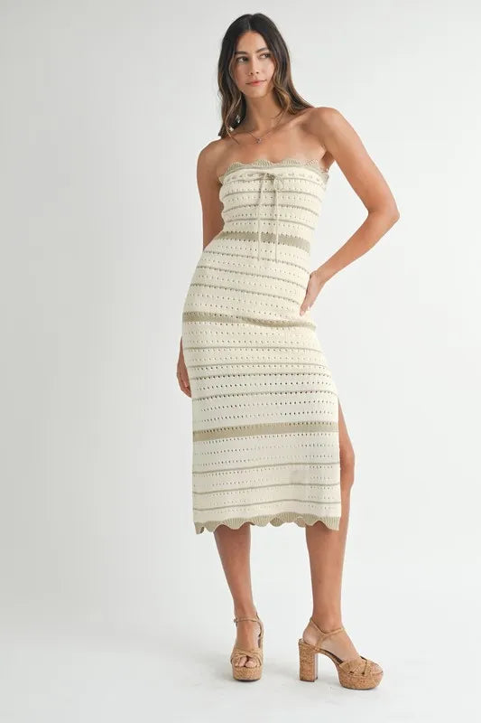 MABLE Contrast Striped Crochet Knit Midi Dress - Fashorio
