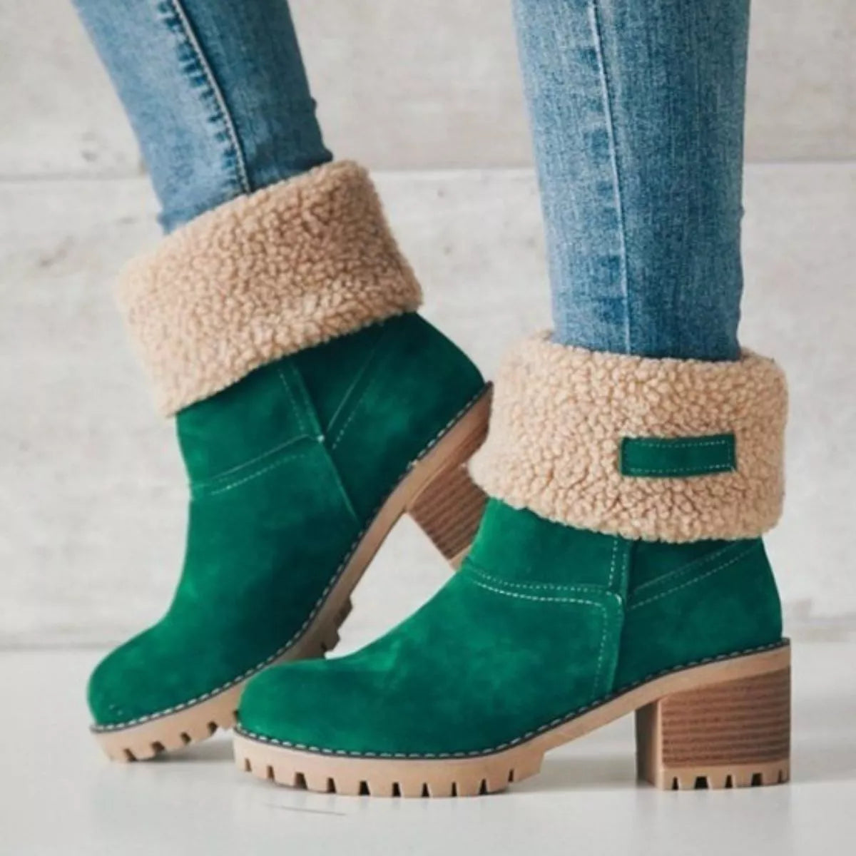 Suede round toe block heel boots heel detail