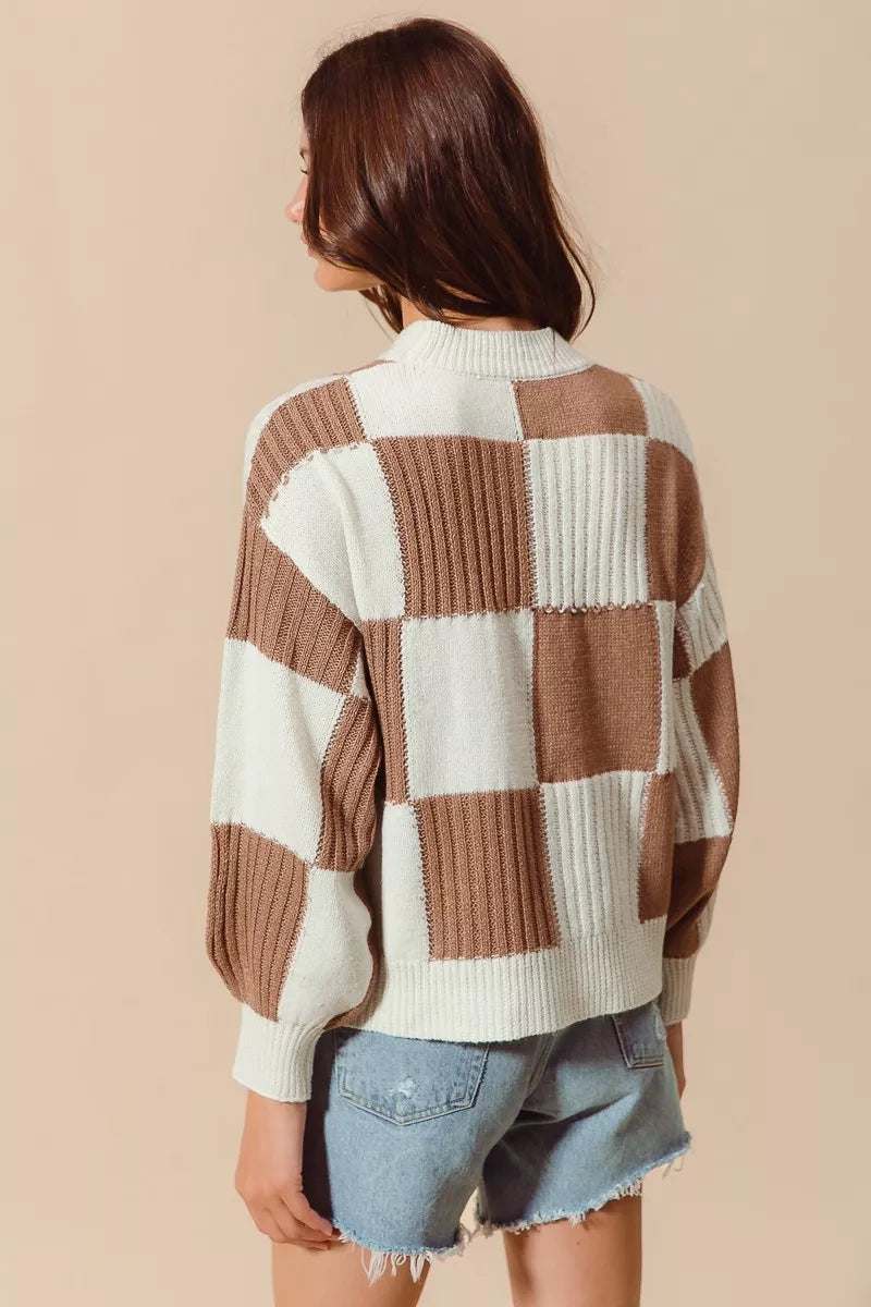 Ribbed Checkered Plaid Color Block Sweater in Coffee and Ivory view 9