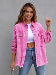 Distressed Drop Shoulder Denim Jacket Fuchsia Pink - Fashorio