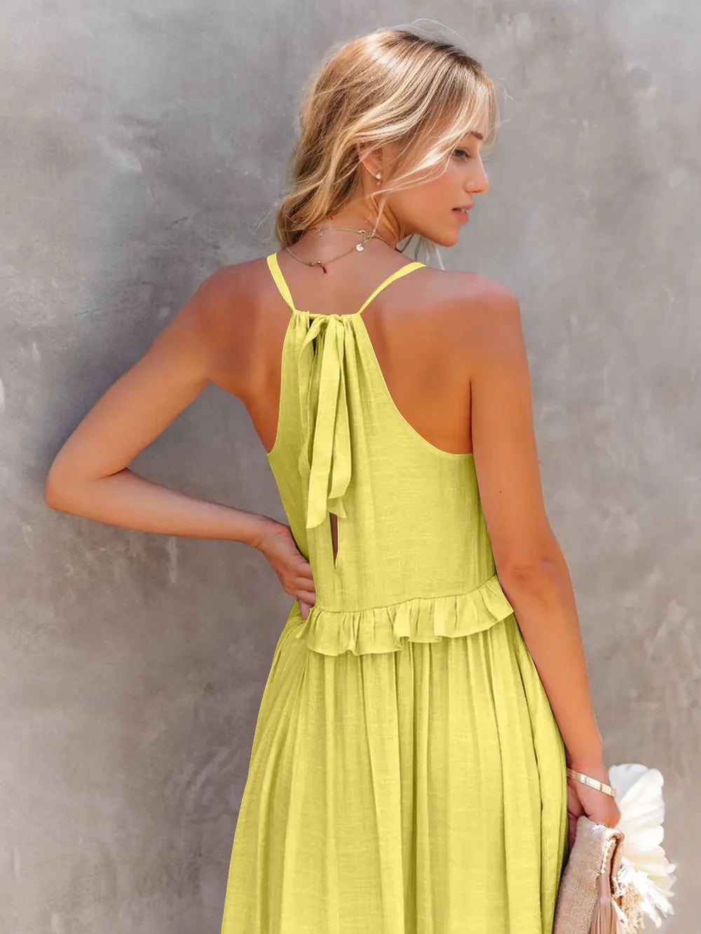 Ruffled Sleeveless Tiered Maxi Dress with Pockets - Fashorio
