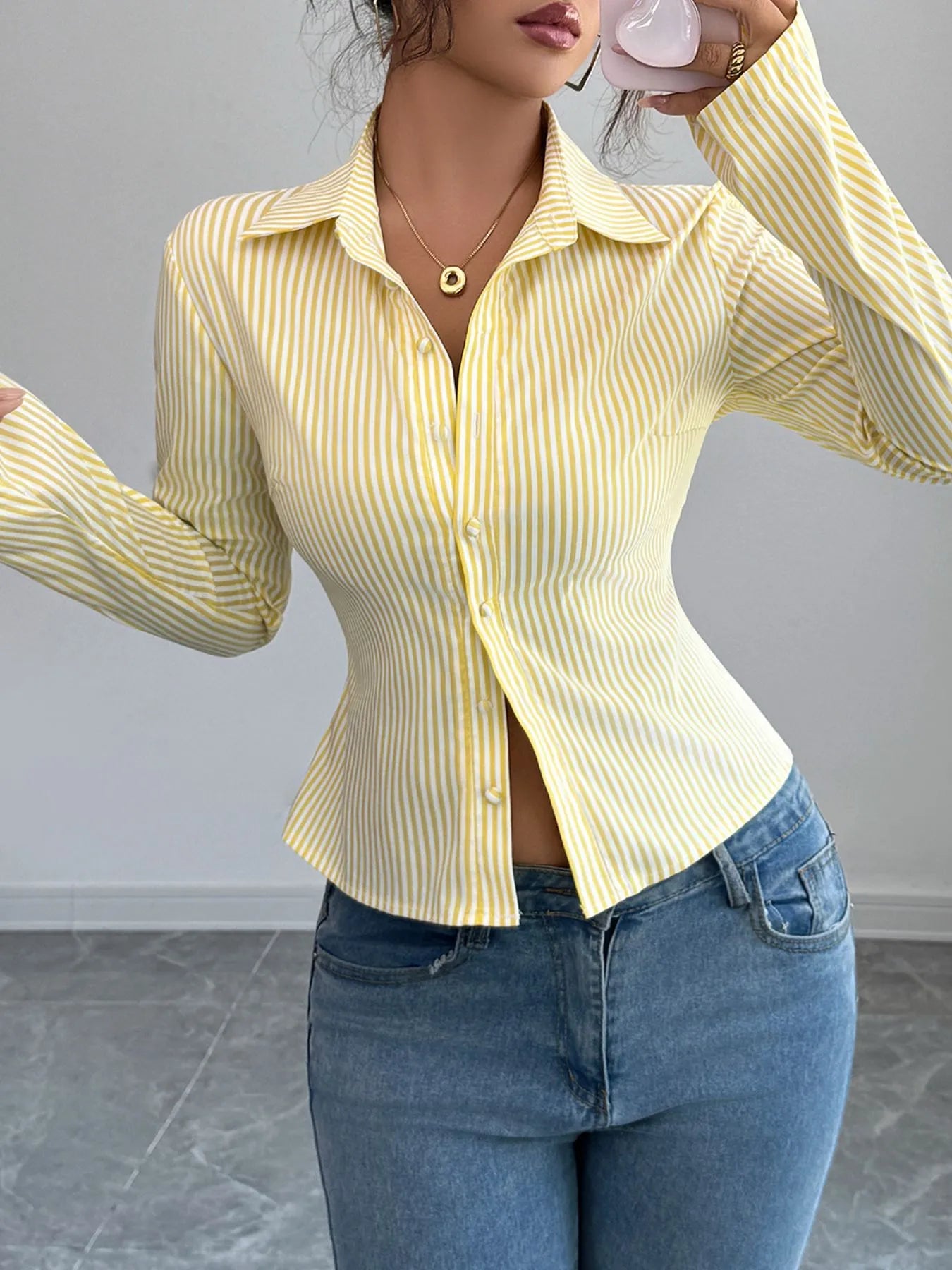 Striped Button-Up Long Sleeve Shirt - Fashorio