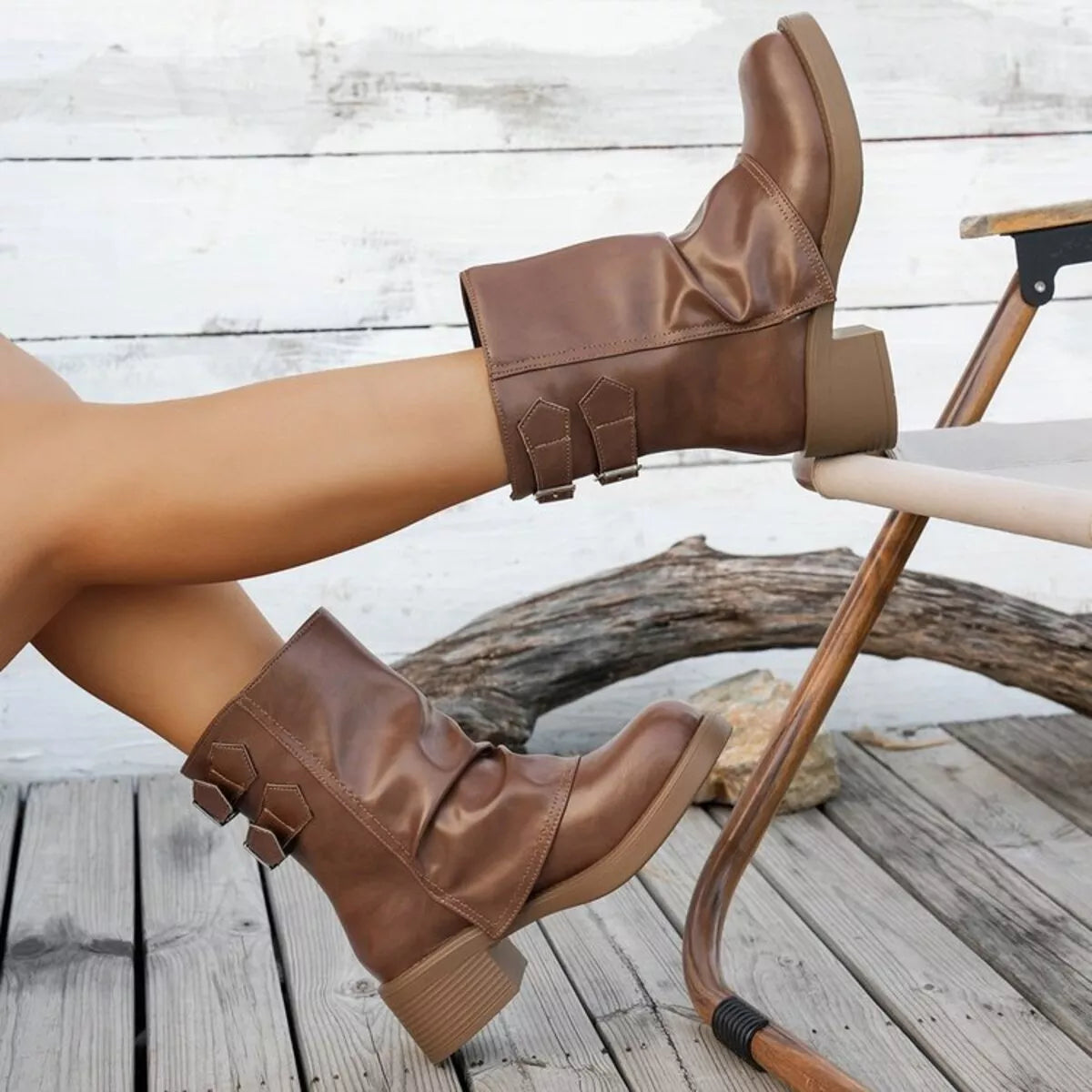 Round toe low block heel boots back view