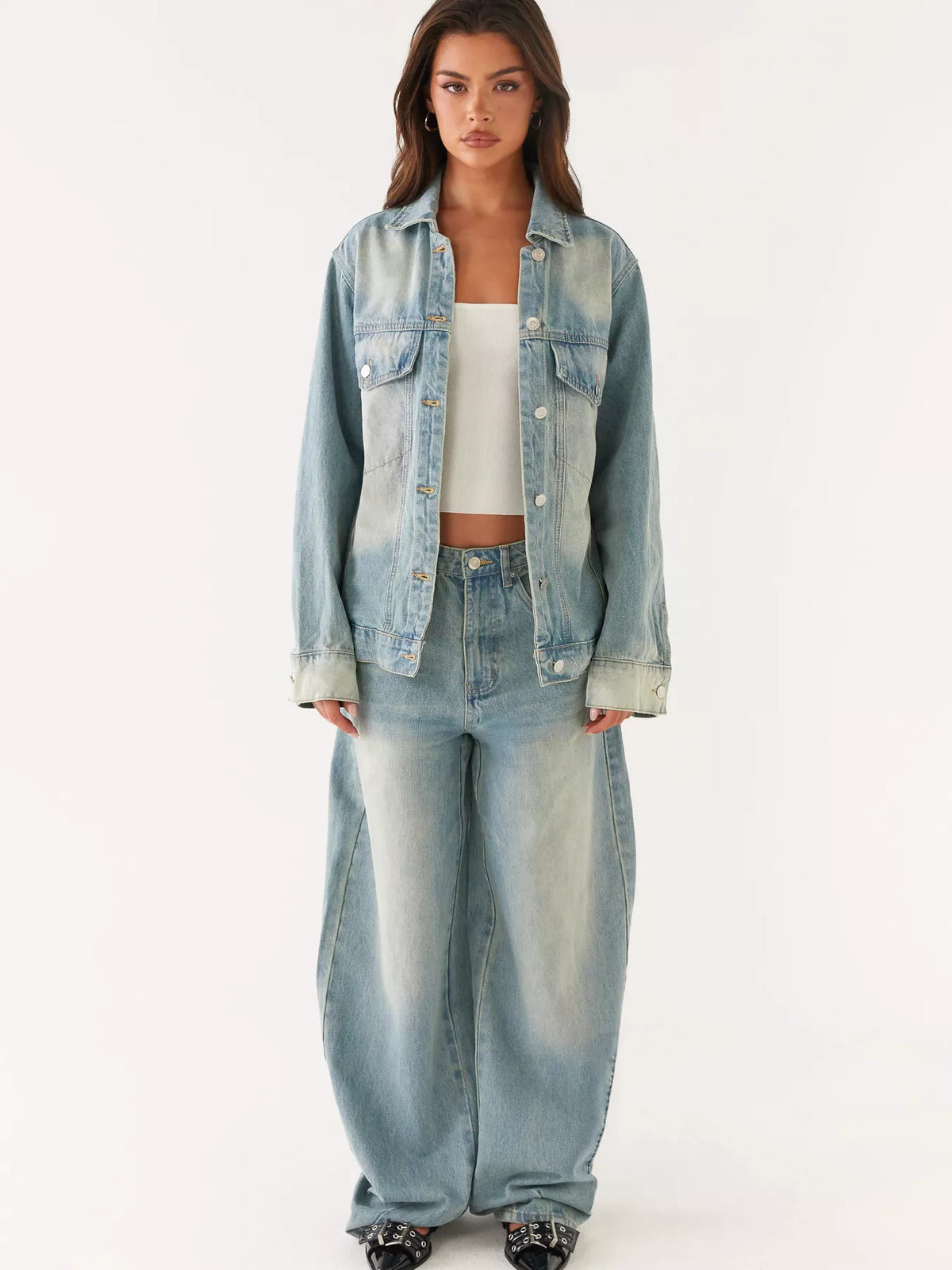 Coordinated double denim outfit full length