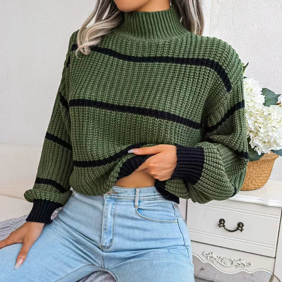 Striped Mock Neck Dropped Shoulder Sweater - Fashorio