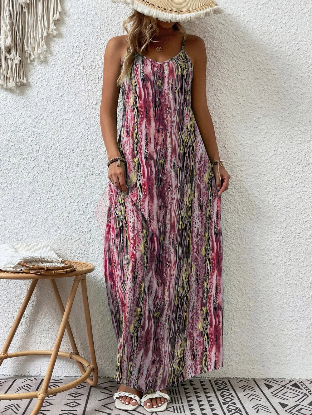 Printed scoop neck maxi cami dress styled look