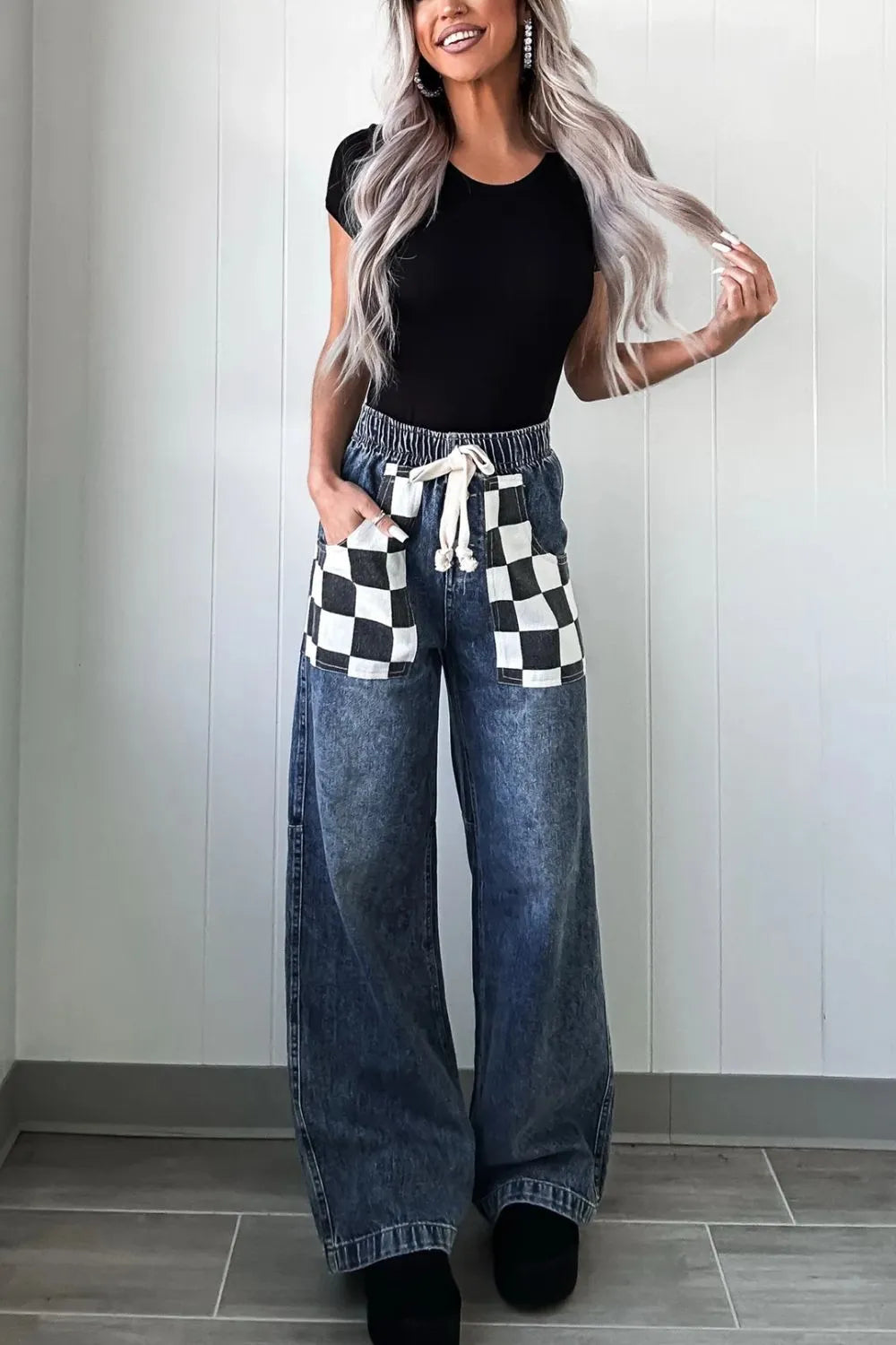 Checkered Wide Leg Jeans side view