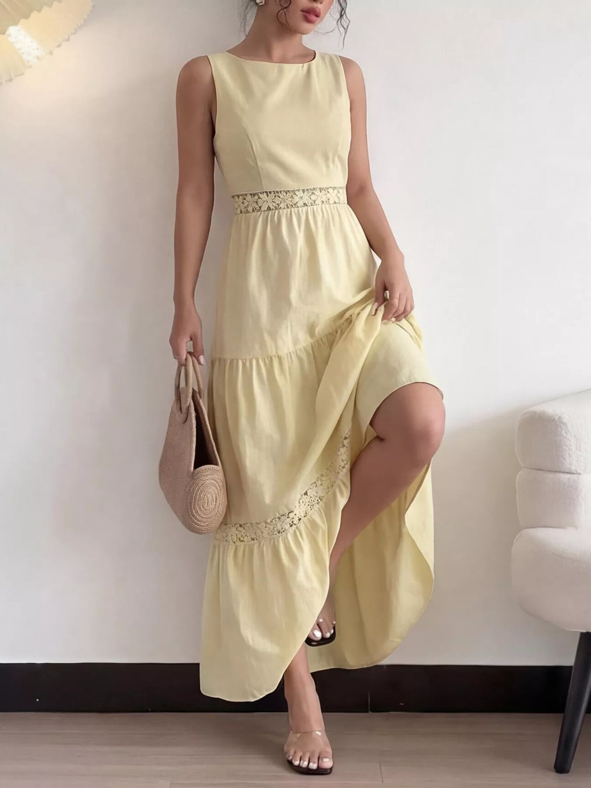 yellow tiered lace trim sleeveless maxi dress styled outfit view