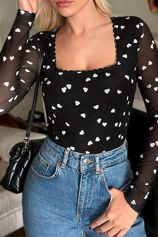 Heart Square Neck Long Sleeve Bodysuit Black - Fashorio