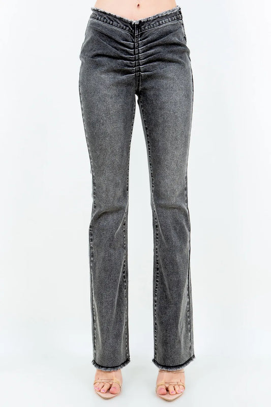 American Bazi V-Cut Ruched Flare Pants – Slim Fit Chic Style Black - Fashorio