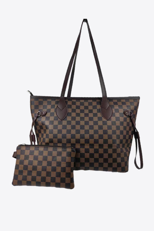 Checkered PVC Two-Piece Bag Set Chestnut One Size - Fashorio