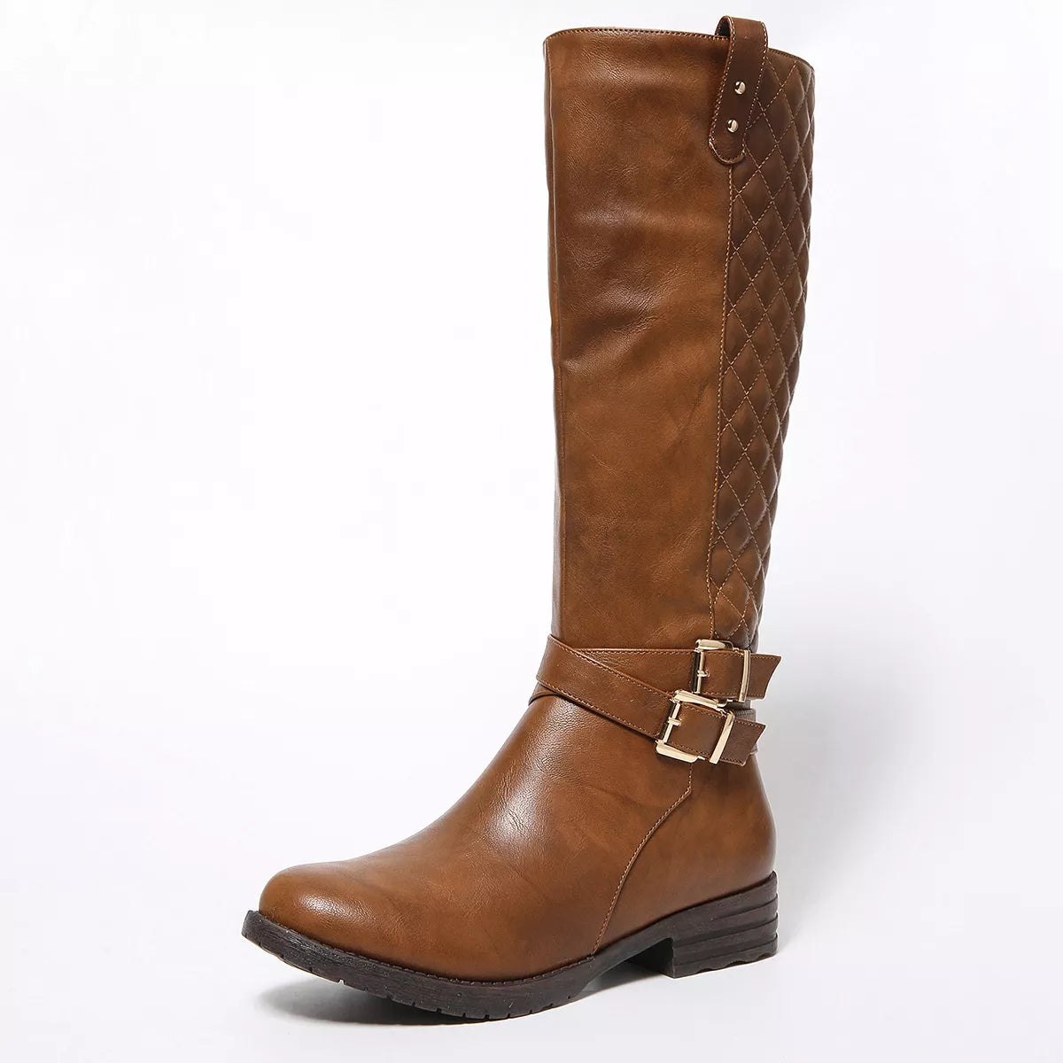 Round toe block heels boots pair standing together