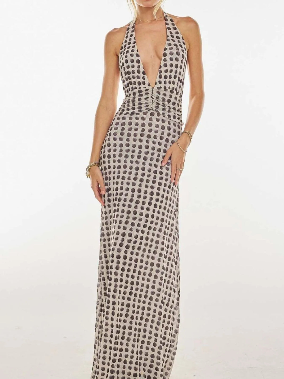 floral halter deep v maxi dress close up
