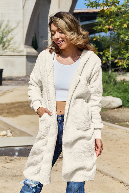 Double Take Full Size Hooded Teddy Bear Jacket with Thumbholes Cream - Fashorio