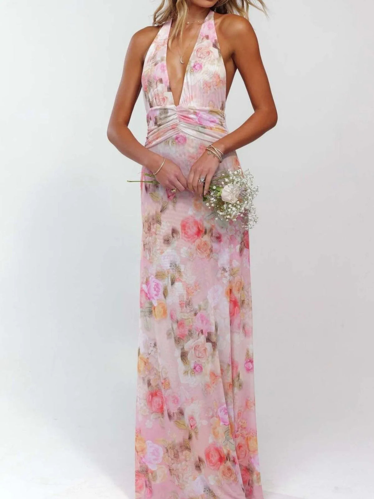 floral halter deep v maxi dress front view
