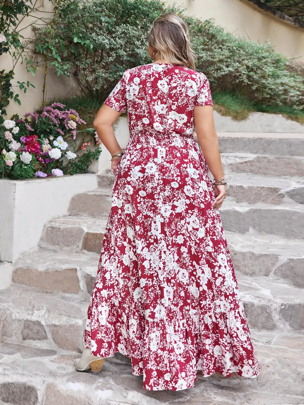 hot pink plus size slit printed v neck maxi dress full length view