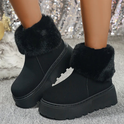 Round Toe Platform Boots Black - Fashorio