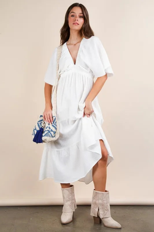 Mineral Washed Elastic Neck Detail Midi Dress back view