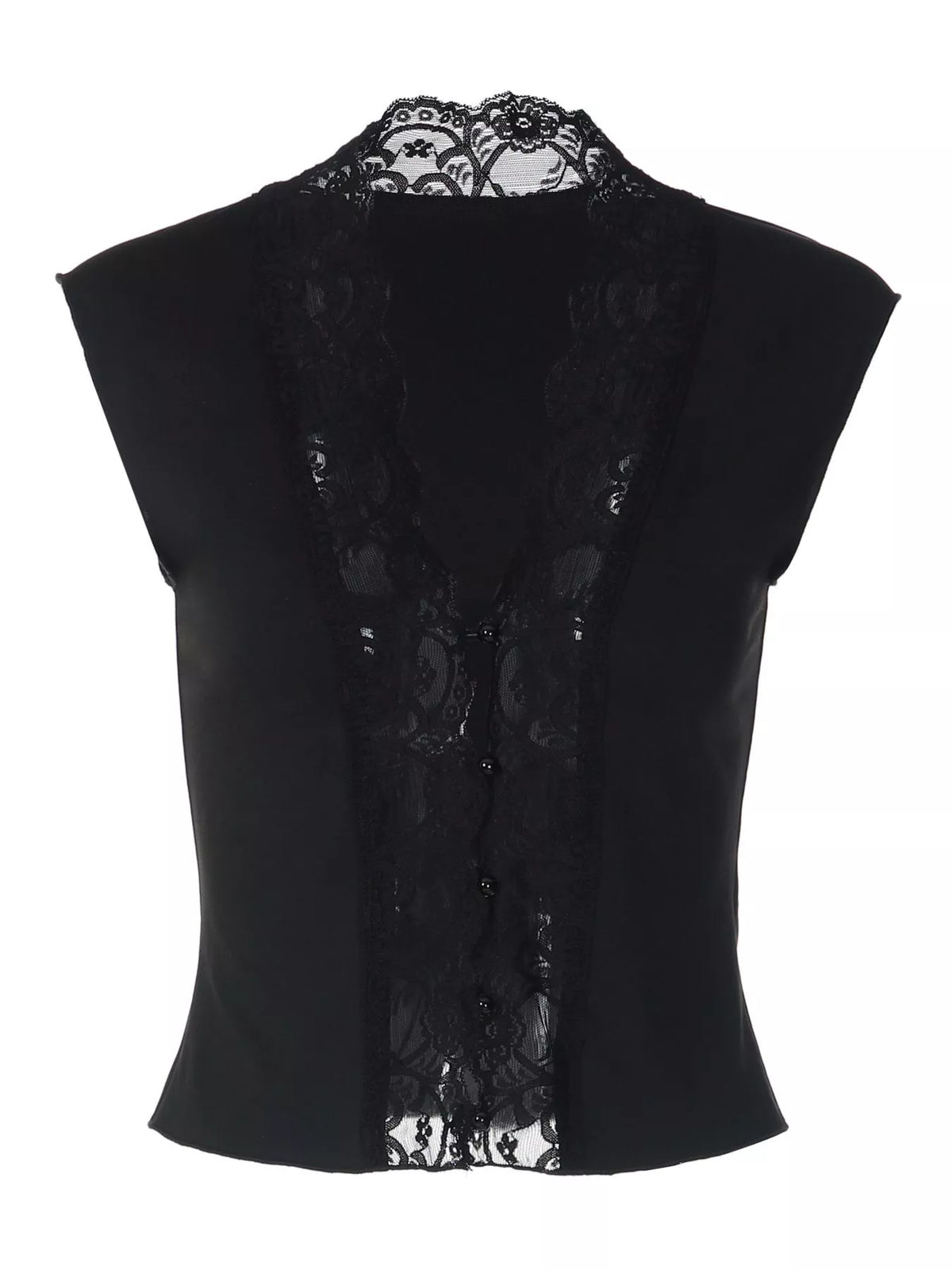Cropped length of the black lace trim vest