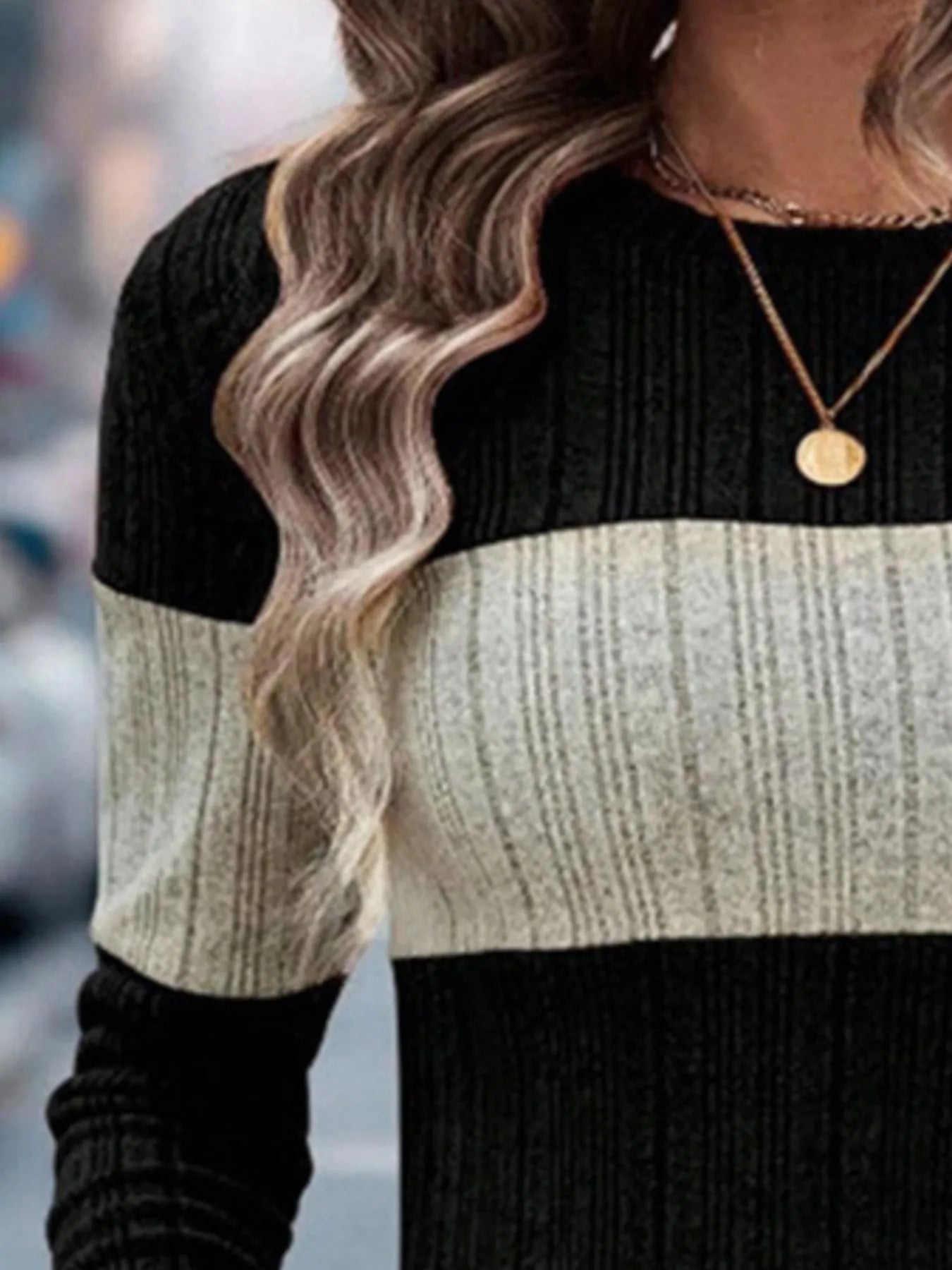 Color Block Round Neck Long Sleeve Sweater - Fashorio