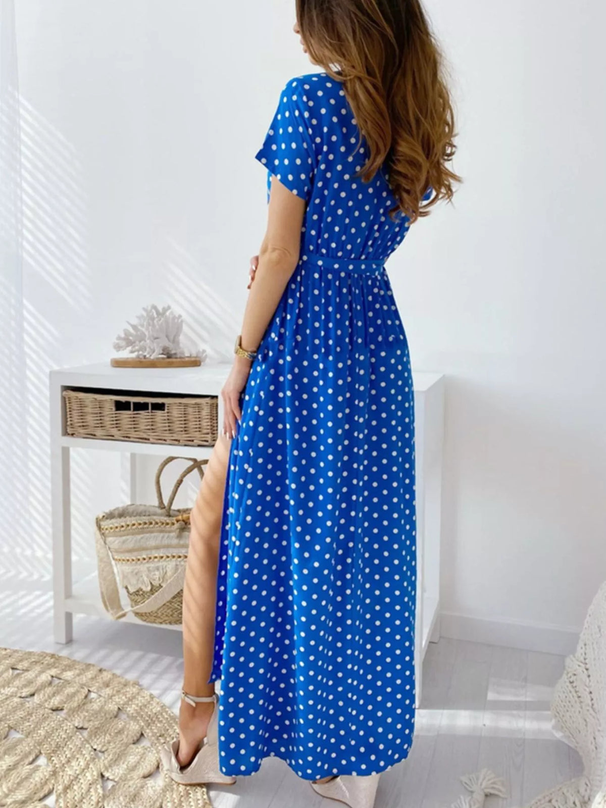 Polka dot surplice maxi dress with belt and slit back view