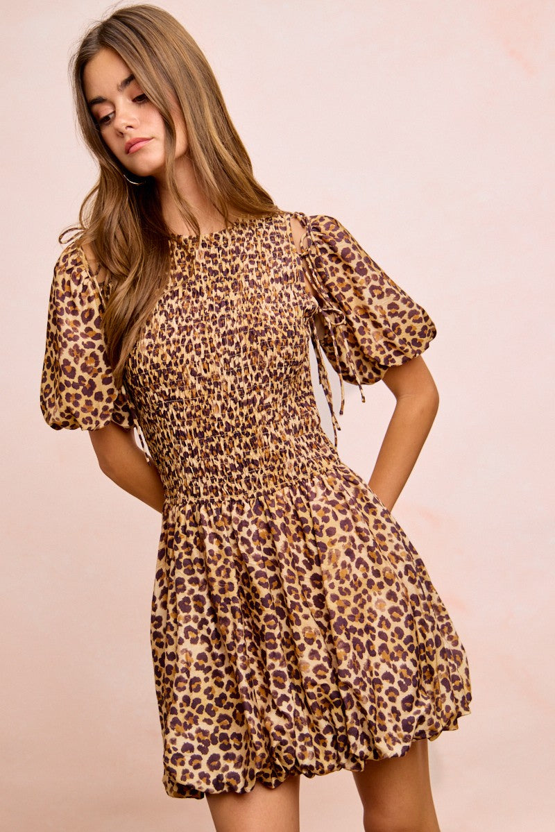 Leopard Bow Tie Attachable Puff Sleeves Dress
