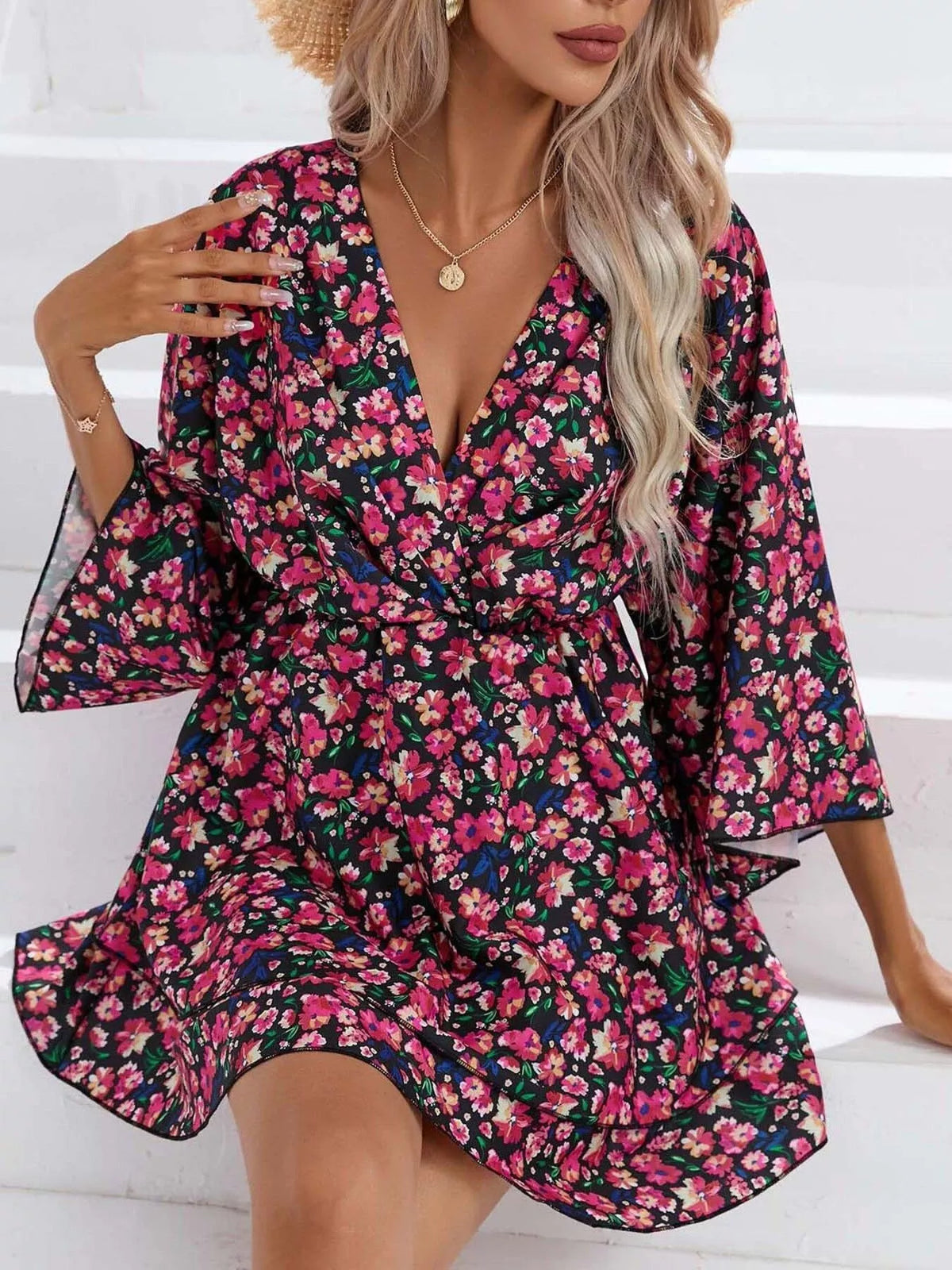 Floral print tiered ruffle hem mini dress front view