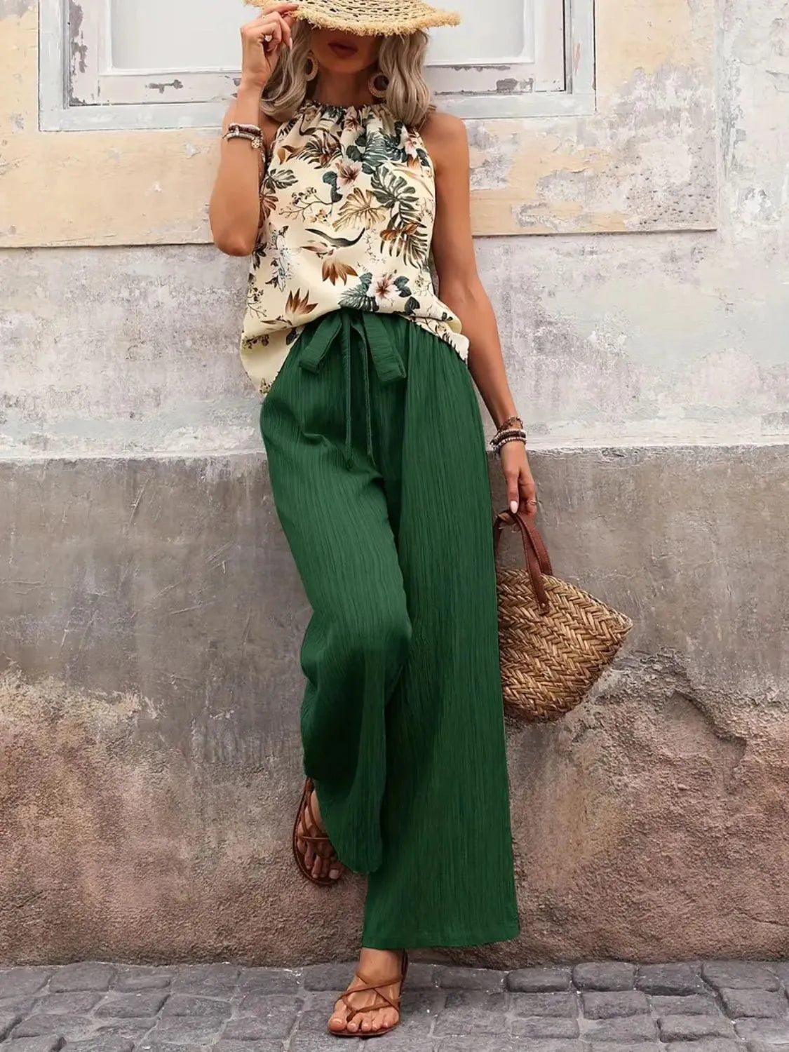 Printed Tank Top and Wide Leg Pants Set - Fashorio