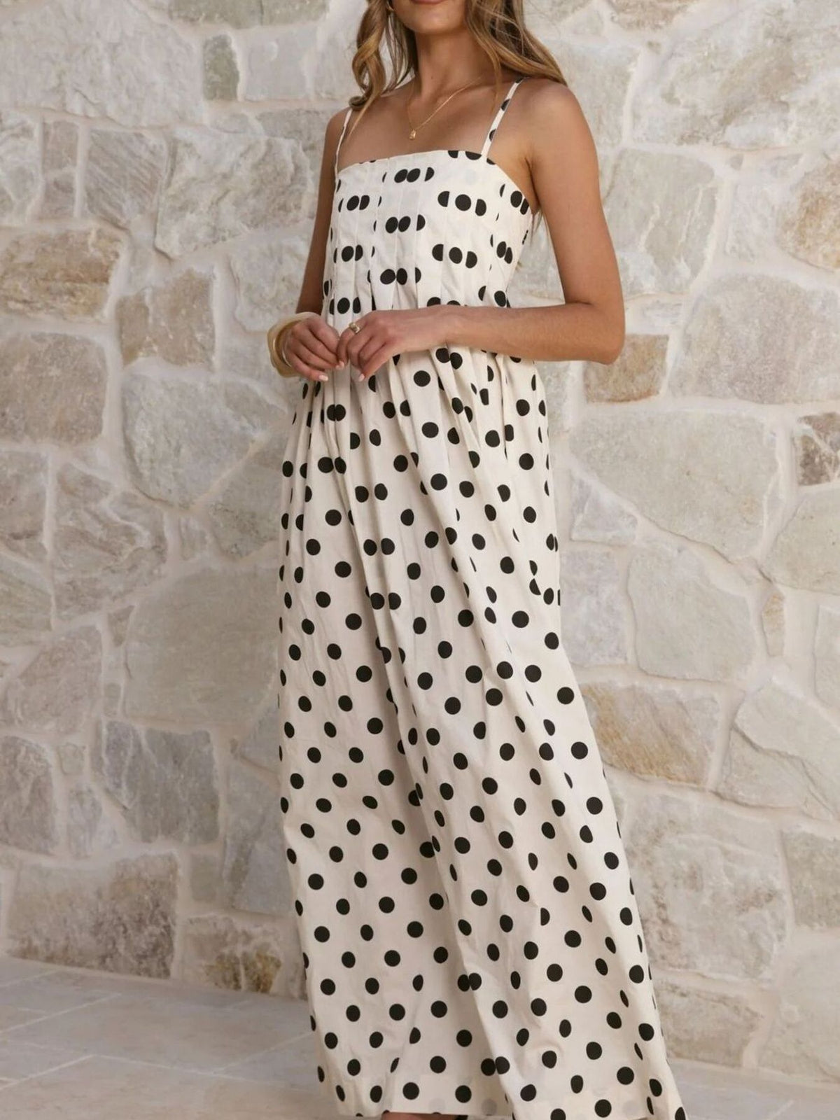 Polka dot smocked pleated maxi dress sleeve detail