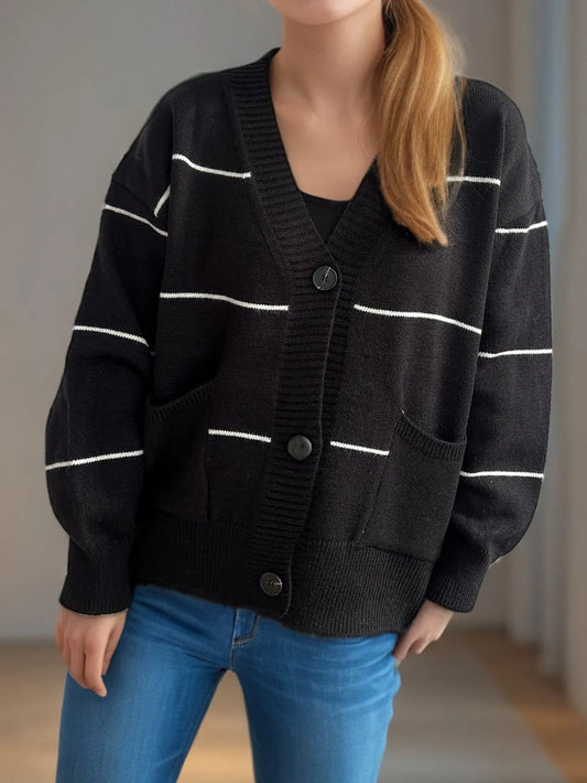 Striped Button Down V-Neck Long Sleeve Cardigan Black One Size - Fashorio