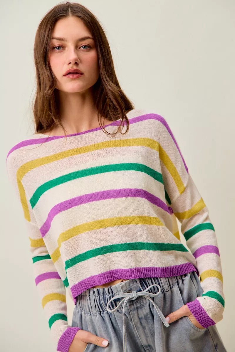 Multi Color Stripe Lightweight Sweater Top in Ivory view 18
