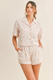 MABLE Polka Dot Collar Crop Top and Short Lounge Set Pink - Fashorio
