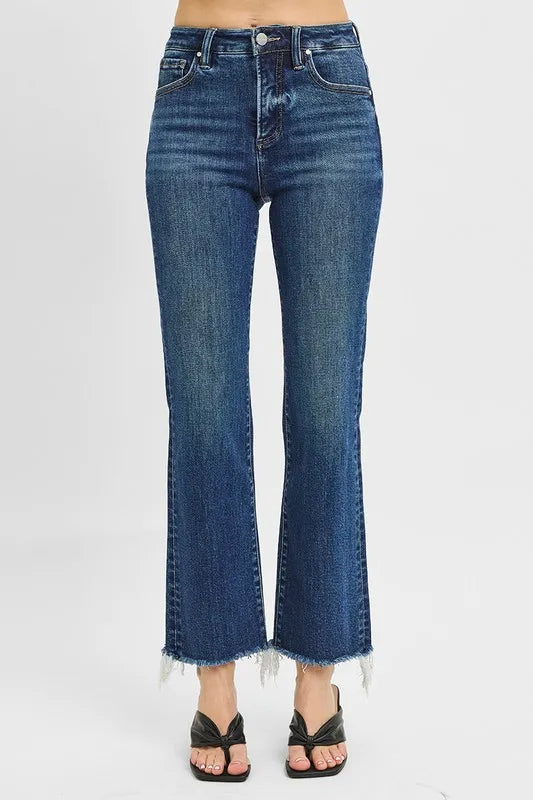 RISEN Full Size Tummy Control High Rise Crop Straight Raw Cut Hem Jeans Plus Size - Fashorio