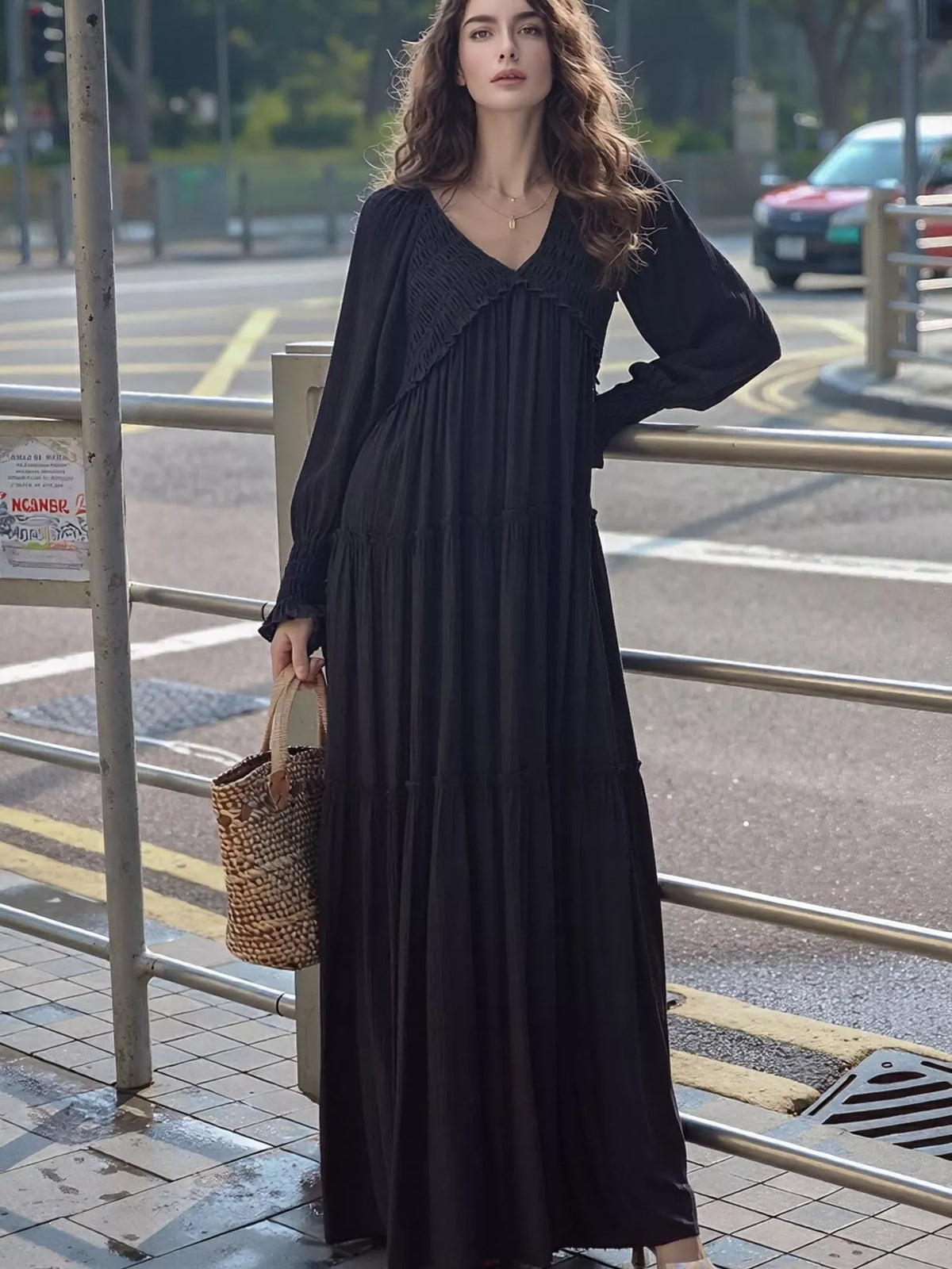 v neck long sleeve tiered maxi dress back view 2