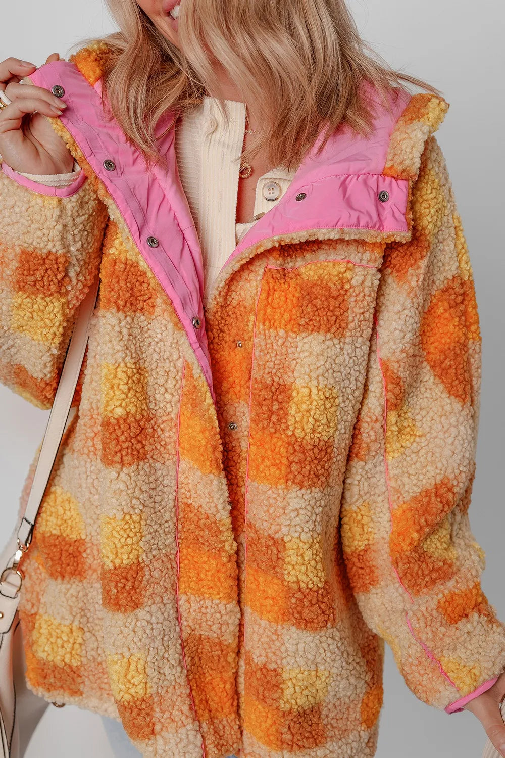 Checkered Sherpa Hooded Jacket in Tangerine styled look