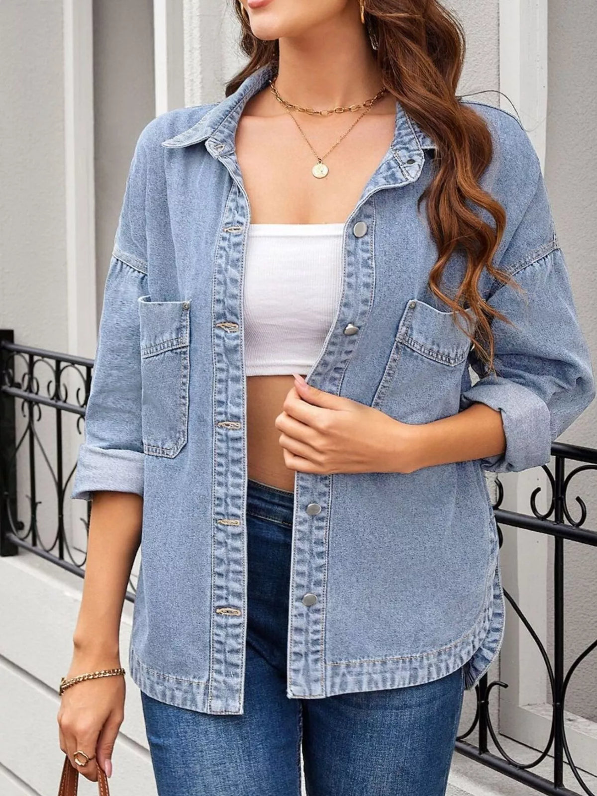Loose Fit Button Up Denim Jacket in Light Blue detail