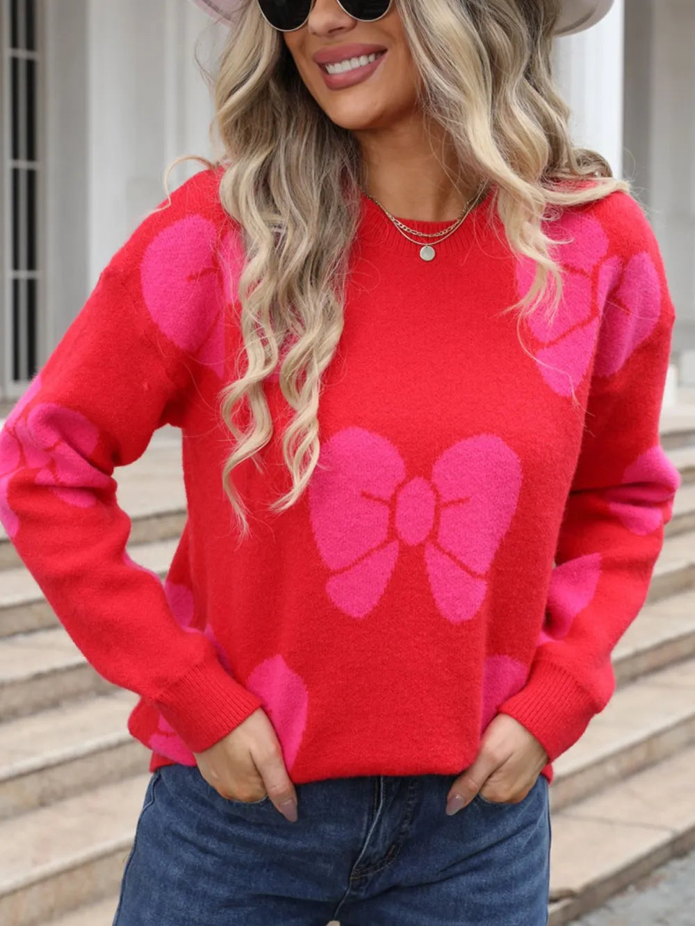 Bow round neck sweater in bold color front view