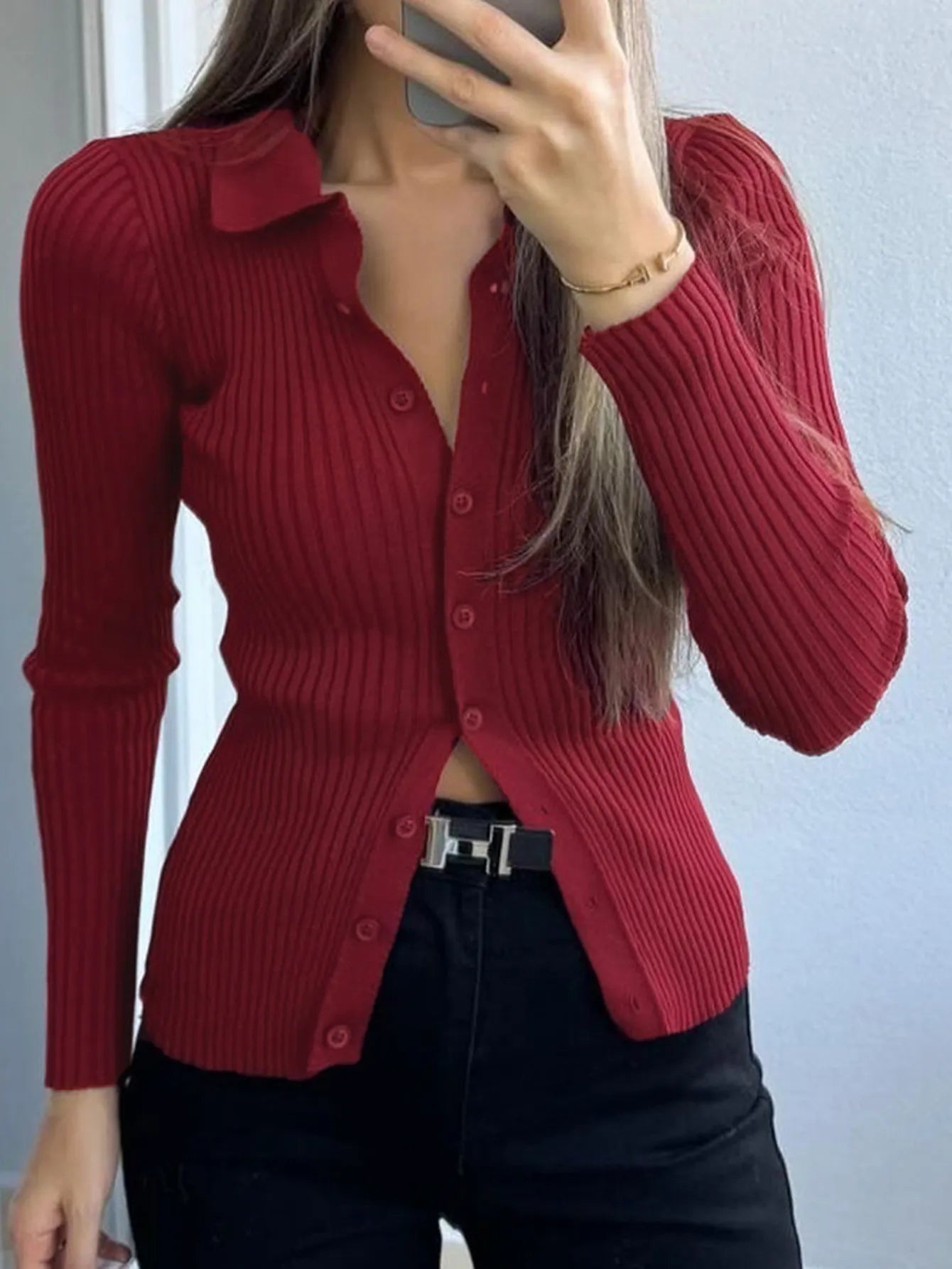 Ribbed Button-Front Long Sleeve Cardigan - Fashorio