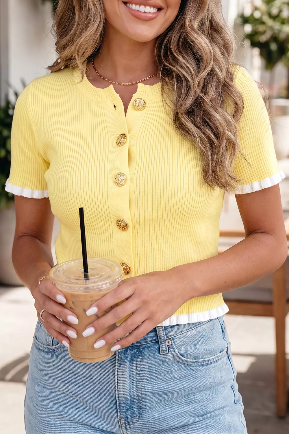 Ribbed frilled short sleeve cardigan front view
