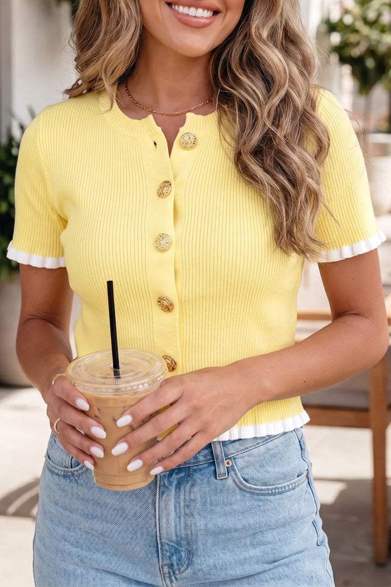 Ribbed frilled short sleeve cardigan front view