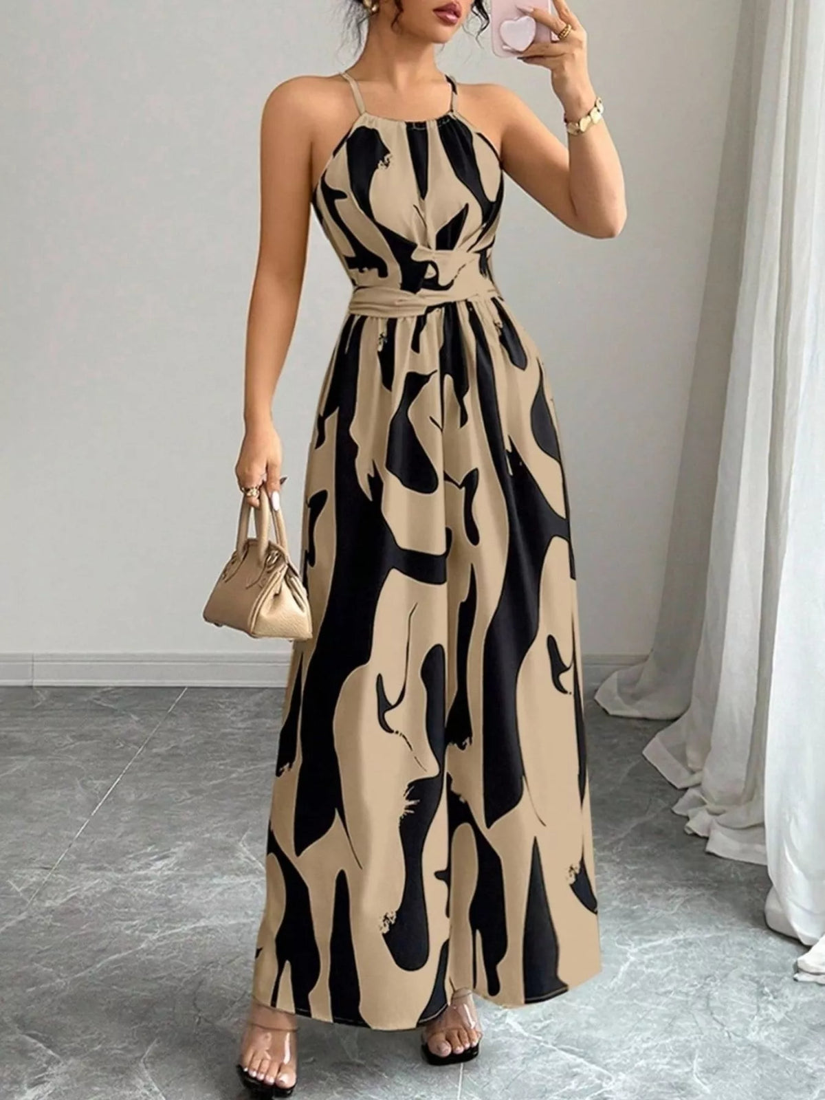Abstract print halter neck maxi dress side view