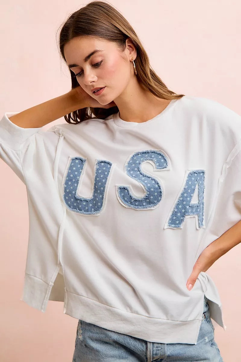 Ivory BiBi USA letter patchwork French terry top front view