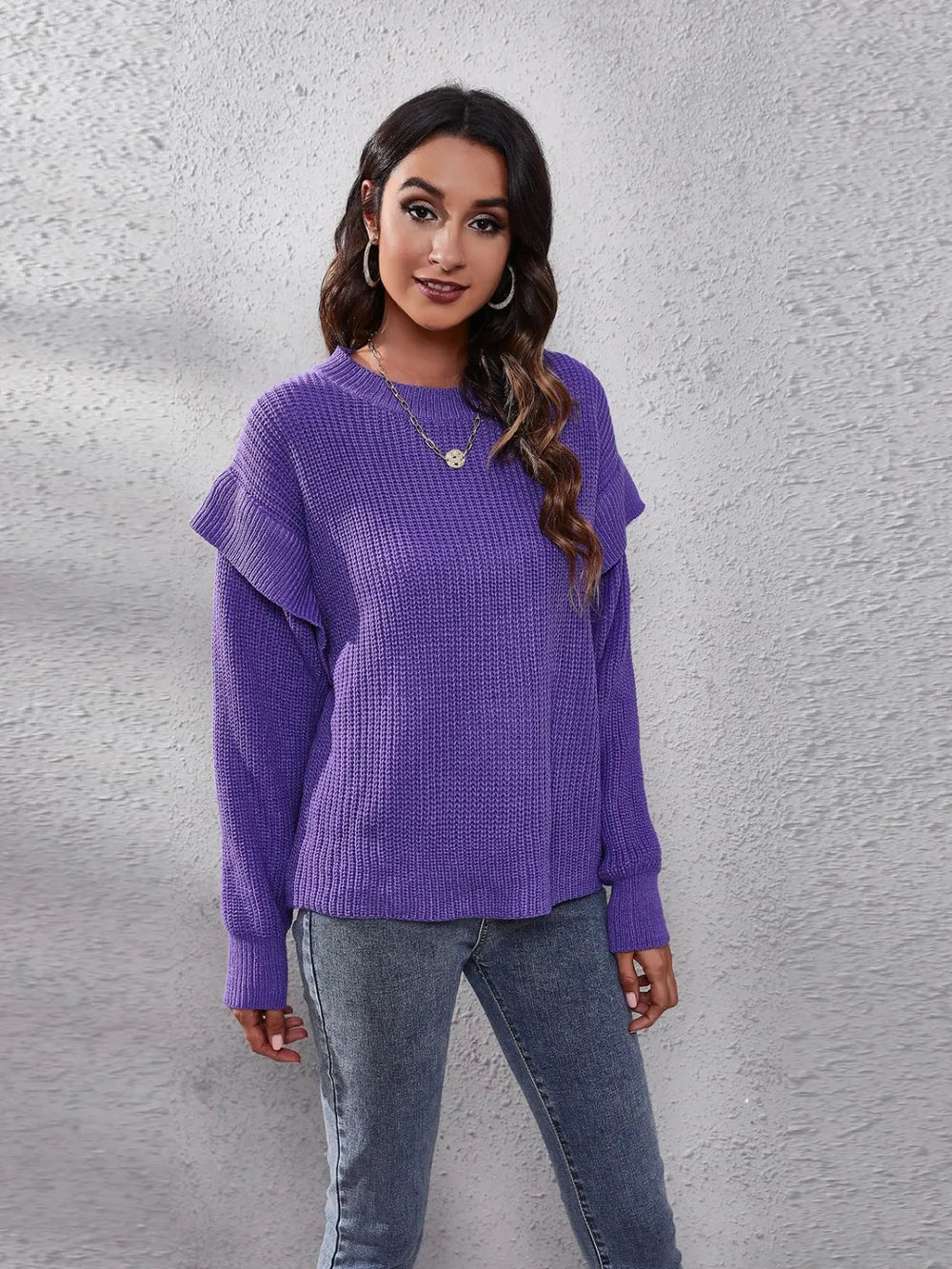 Ruffled Round Neck Dropped Shoulder Sweater - Fashorio